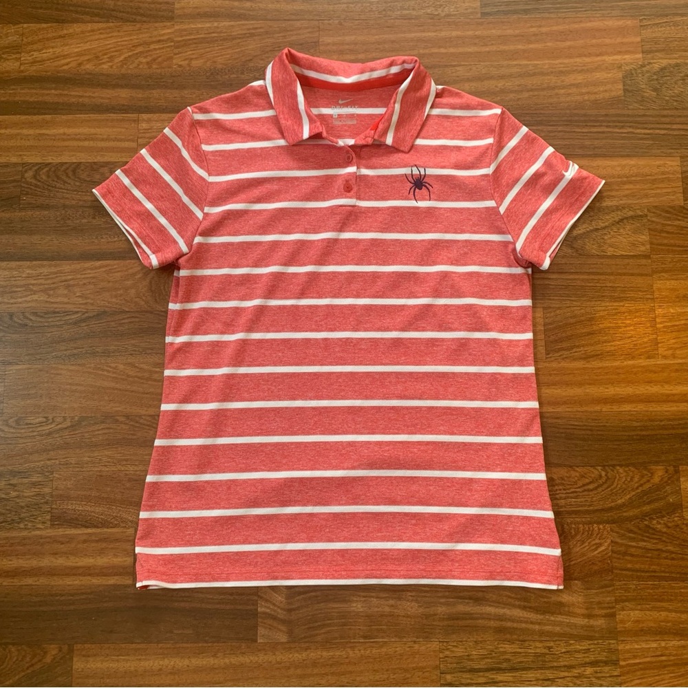 Nike Dri-Fit Spyder Logo Boys M Red White Short Sleeved Striped Polo Athleisure